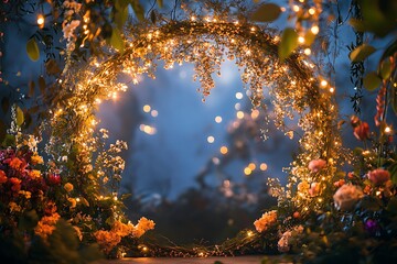 A dazzling circular wedding arch filled with sparkling fairy lights and bright floral arrangements, creating a magical evening atmosphere,