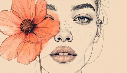 Portrait of a woman with a large flower covering one eye, stylized in soft pastels and delicate linework