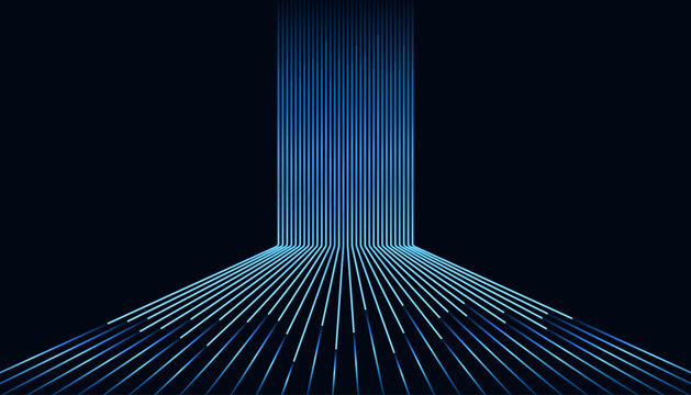 Minimalist illustration of glowing blue lines converging in a 3D perspective. Concept of big data, AI, and cloud computing infrastructure. Ideal for tech presentations, and modern motion graphics.