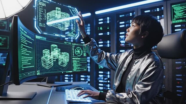 Asian data scientist coding on curved monitor in futuristic server room Female cybersecurity engineer working on network security in dark high tech office
