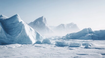 Serene Arctic Landscape with Ice Formations and Snowy Mountains
