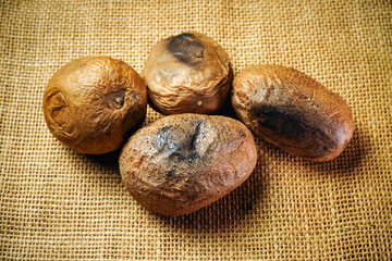 Four baked potatoes lie on a piece of burlap fabric. They show signs of being freshly harvested from the earth in the fall season. The brown skin and earthy tones are visible