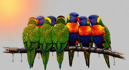 Six Colorful Rainbow Lorikeet Parrots Huddling Together on a Wet Branch in Rain.