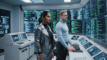 Cybersecurity Experts Manage Data Network in Futuristic Control Room Diverse IT Team Monitoring System Integrity and Advanced Technology - Powered by Adobe