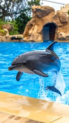 Obraz premium Dolphin leaps, bright blue water splashes. Stone cave backdrop. Lush, green trees and plants frame background