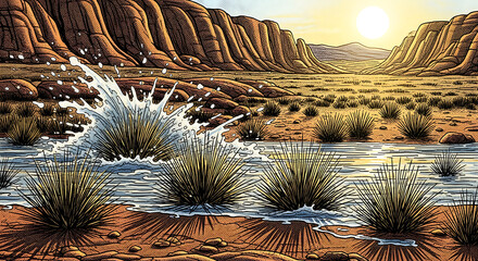 Dramatic desert canyon landscape illustration featuring stream, water splash, and rising sun.