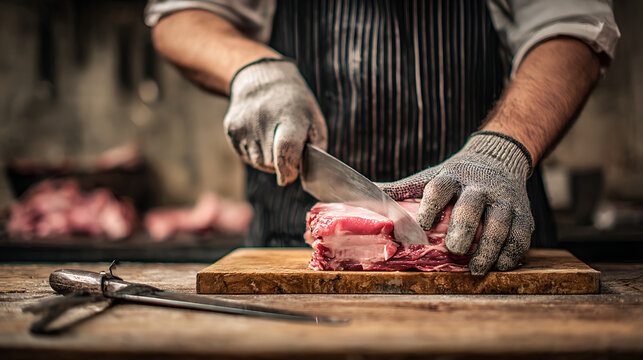 Un homme coupe de la viande avec un couteau sur une planche dans une cuisine