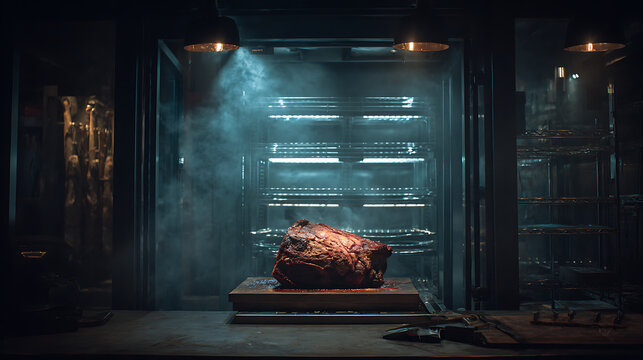 Un morceau de viande sur une planche dans une cuisine avec des lumi&egrave;res et de la vapeur