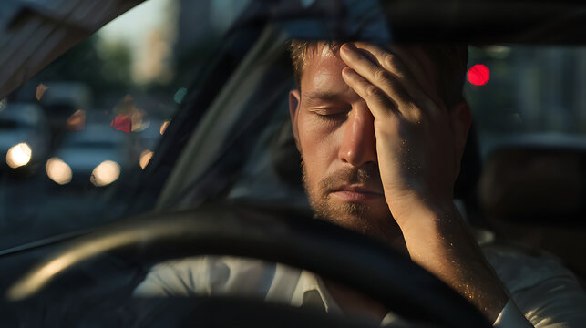 Un homme montre des signes de fatigue et de stress dans une voiture sur une route de la ville en fin de journ&eacute;e