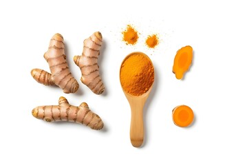 Naklejka premium Turmeric roots and powder in wooden spoon on white background isolated on white background