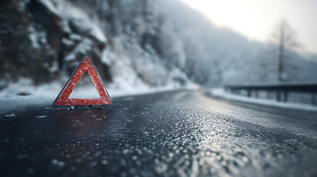 Un triangle de signalisation sur une route enneig&eacute;e en hiver pr&egrave;s d'une montagne