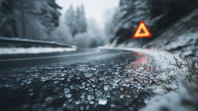 Route hivernale avec verglas et signal de danger dans une for&ecirc;t