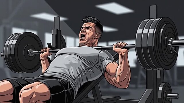 Intense Weightlifting Muscular Man Bench Pressing Heavy Barbell