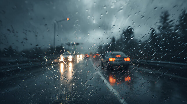Circulation sur une route mouill&eacute;e pendant une forte pluie au cr&eacute;puscule