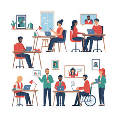 Diverse office workers collaborating and working on laptops in a modern workspace with varied roles and accessibility features