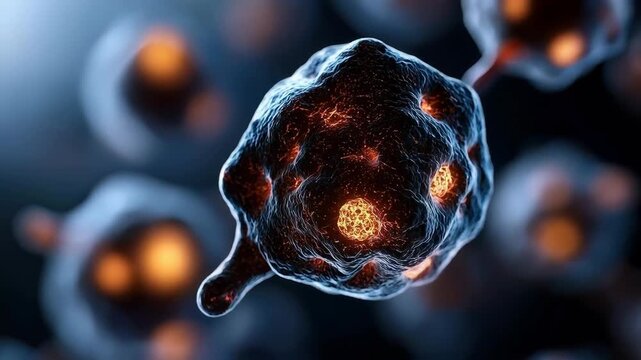 Glowing microscopic virus particle with bright core and detailed 3D rendering of infectious particle showing textured surface in dark background