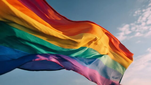 Vibrant rainbow pride flag waving gently against a bright blue sky with scattered clouds
