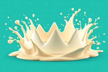 Creamy white chocolate splash crown with falling droplets on a bright turquoise background