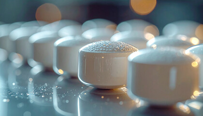 Pharmaceutical Precision: A meticulously arranged collection of white pills, showcasing the clean lines and crisp details of each medication.