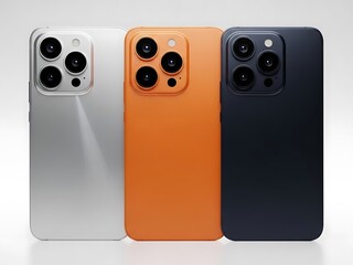 Three smartphones in silver orange and dark blue with camera arrays mobile technology
