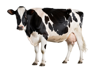Black and white cow standing on transparent background dairy holstein mammal farm animal livestock agriculture rural milk udder hooves profile side