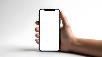 A person is holding a smart mobile phone with a blank touch screen display, showing a wireless communication device used for business technology and digital media