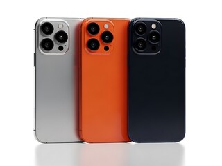 Three smartphones silver orange and dark blue arranged side by side mobile technology