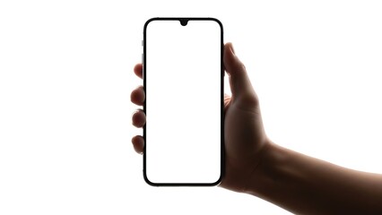 A hand holding a mobile smartphone with a blank digital touch screen display represents modern electronic communication technology for business and internet connectivity
