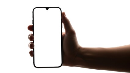 Hand holding a black smartphone with a blank white screen mobile