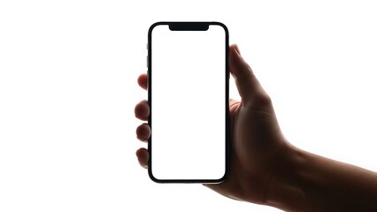 Hand holding a modern smartphone with a blank white screen mobile