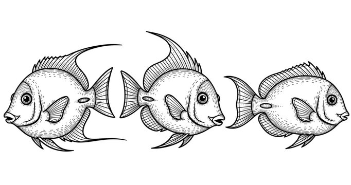 Three detailed hand-drawn fish with fins and scales in profile view