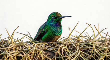 Obraz premium Iridescent Green Hummingbird Perched on Mossy Branch Against Bright White Background