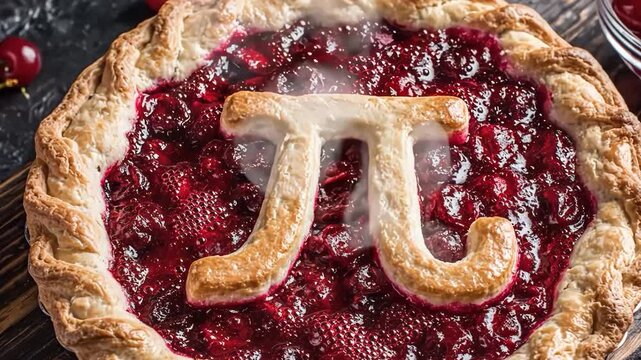Cherry pie with a pi symbol on top, freshly baked