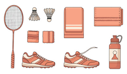 Badminton equipment and accessories: racket, shuttlecocks, shoes, towel, water bottle