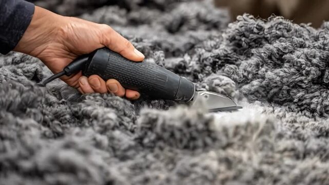 Medium shot of an electric fur shearing tool in action demonstrating efficient and fast removal of dense fur with attention to avoiding skin injury.