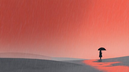 Solitary Figure with Umbrella Against Dramatic Red Rainy Background