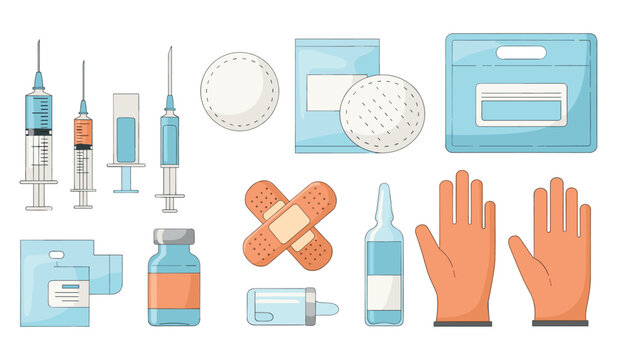 Medical supplies kit with syringes, bandages, gloves, and vials on white background