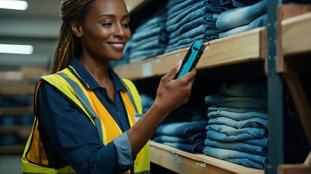 Medium shot of a worker scanning linen with handheld RFID reader in modern laundry facility emphasizing realtime tracking and digital management of inventory.