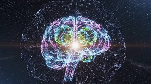 A vibrant, glowing wireframe human brain with colorful lobes, representing digital thought and artificial intelligence in a futuristic setting.