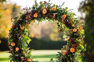 A lovely circular wedding arch featuring cascading greenery and autumn flowers, embodying the spirit of fall,