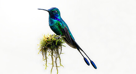 Obraz premium Dazzling Long-Tailed Sylph Hummingbird Perched on Moss Against White Background
