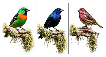 Obraz premium Three magnificent colorful tropical birds perched on mossy branches, white background.