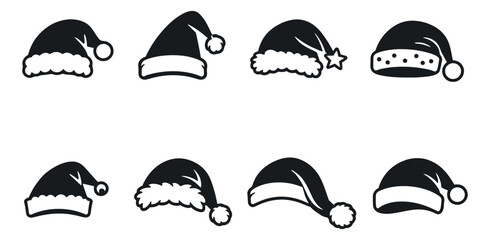 Simple icon Christmas hats set featuring various festive designs for holiday celebrations