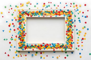 Blank White Picture Frame Mockup Decorated with Colorful Confetti for Party and Celebration Announcements