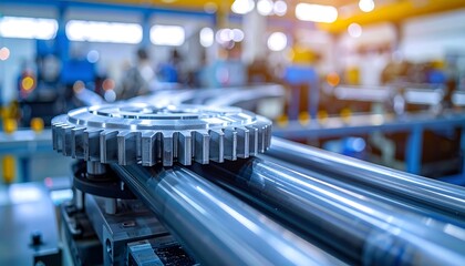 Gear rests on pipes in a factory setting, with machinery and bright light in the background, out of focus
