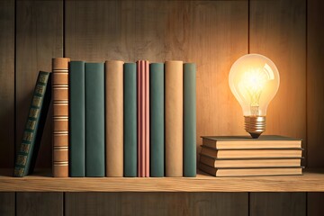 Glowing Lightbulb on Stack of Books in a Library Representing Creative Ideas and Knowledge