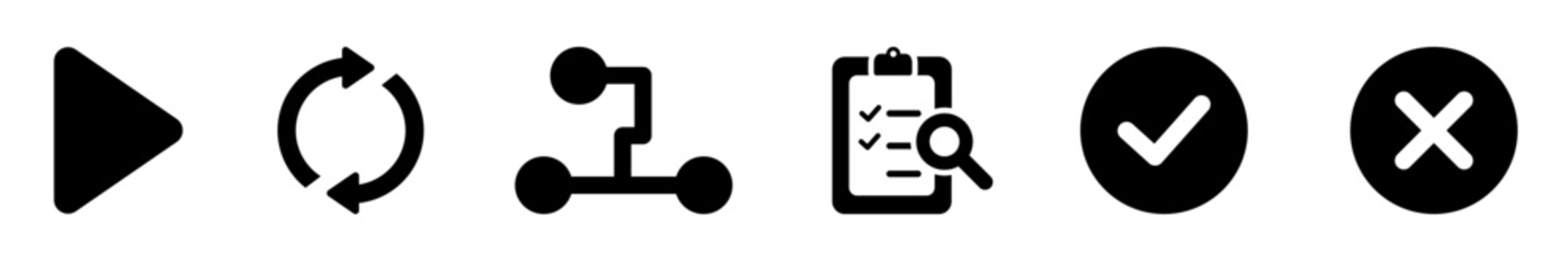 Workflow process status icon set showing start, progress, steps, review, completion and failure states for business dashboards SaaS interfaces onboarding flows and tracking system status indicators