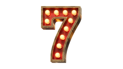 Number 7 in retro marquee style with warm glowing lights on red background for casino theme