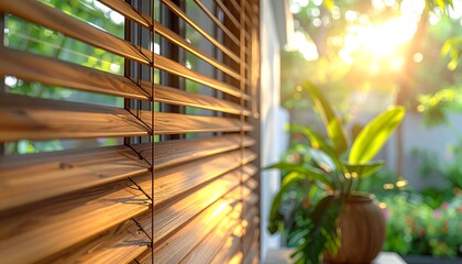 Sunlight filters through window blinds onto a plant and outdoor garden in soft focus