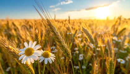 Sun shines over daisies and wheat field in golden hour